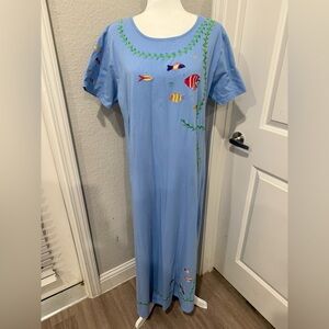 Michael Simon Lite Blue Top with Green Embroidery Aquatic Fish Dress Sz XL